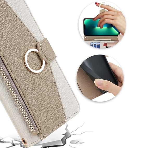 Θήκη με πτερύγιο για iPhone 15, Wallet Zipper Pocket, με καθρέφτη, λευκή