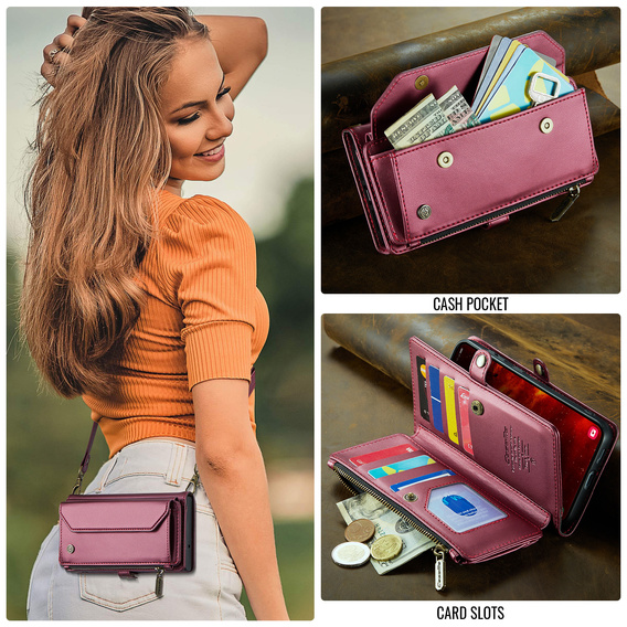 θήκη CASEME για Samsung Galaxy S25 FE, RFID Leather Wallet, με λουράκι ώμου, κόκκινη