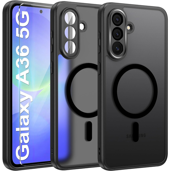Θήκη για Samsung Galaxy A36, για MagSafe, ERBORD Μatt Case, μαύρη + Γυαλί οθόνης