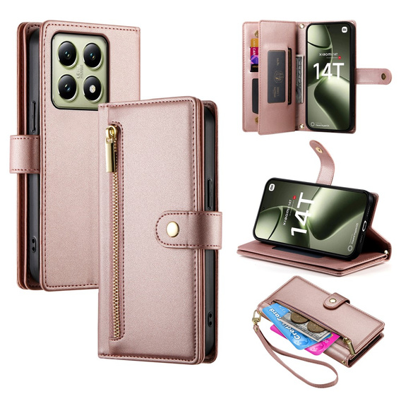Θήκη με πτερύγιο για Xiaomi 14T, Wallet Zipper Pocket, ροζ