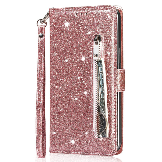 Θήκη με πτερύγιο για Samsung Galaxy A35 5G, Wallet Zipper Pocket Glittery, ροζ rose gold