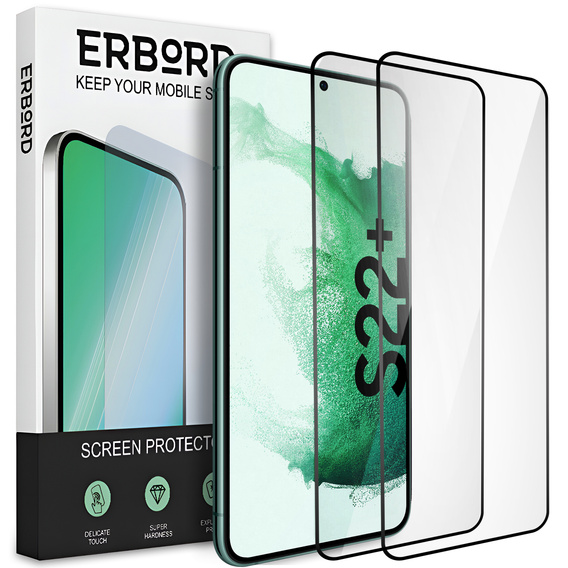 2x Μετριασμένο γυαλί για Samsung Galaxy S22+ Plus, ERBORD 3D πλήρης οθόνη