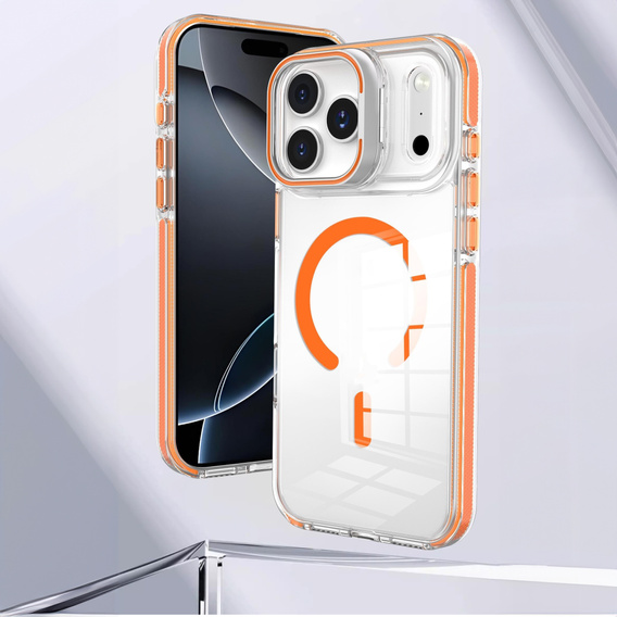 Θήκη για iPhone 17 Pro, για MagSafe, με βάση, διάφανη με πορτοκαλί ένθετα