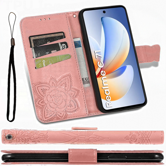 Θήκη με πτερύγιο για Realme C71, Butterfly, ροζ rose gold