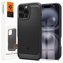 θήκη Spigen για iPhone 16 Pro Max, Rugged Armor MagSafe, μαύρη + μετριασμένο γυαλί 9H