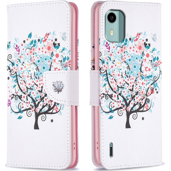 Θήκη με πτερύγιο για Nokia C12 4G, Wallet, colorful tree, λευκή