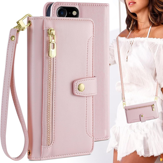 Θήκη με πτερύγιο για iPhone 16E, Wallet Zipper Pocket, ροζ