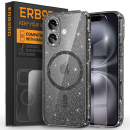 Θήκη για iPhone 16, ERBORD Glitter MagSafe, μαύρη + Γυαλί οθόνης