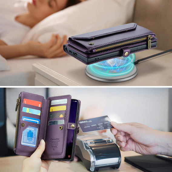 θήκη CASEME για Samsung Galaxy S25 FE, RFID Leather Wallet, με λουράκι ώμου, μωβ