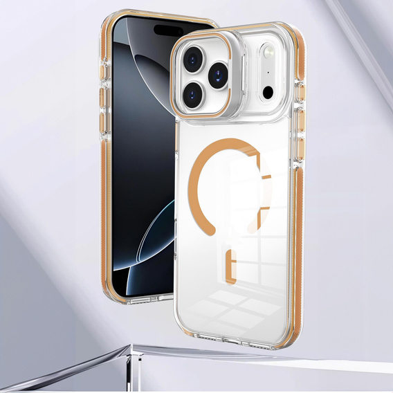 Θήκη για iPhone 17 Pro, για MagSafe, με βάση, διάφανη με χρυσά ένθετα