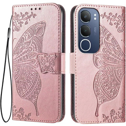 Θήκη με πτερύγιο για Vivo Y19s, Butterfly, ροζ rose gold