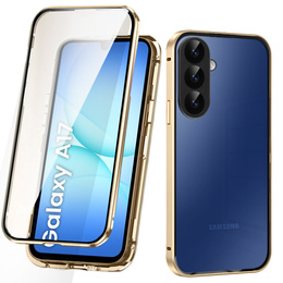 Θήκη για Samsung Galaxy A17 5G, Μαγνητικό διπλό γυαλί, διάφανη με χρυσές πλευρές