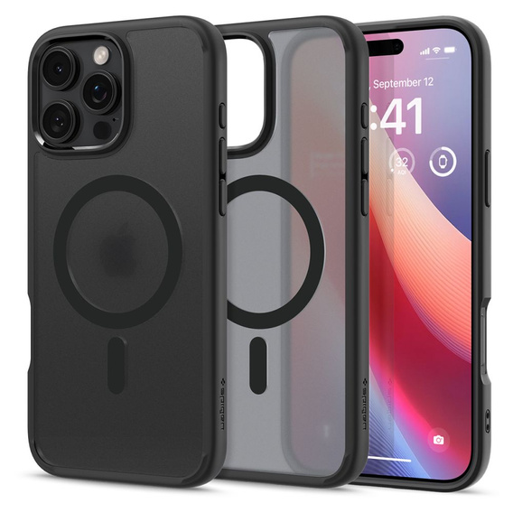 Θήκη MagSafe Spigen για iPhone 16 Pro, Ultra Hybrid, διαφανής / μαύρη + Μετριασμένο γυαλί 9H