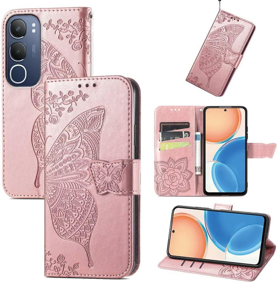 Θήκη με πτερύγιο για Vivo Y19s, Butterfly, ροζ rose gold