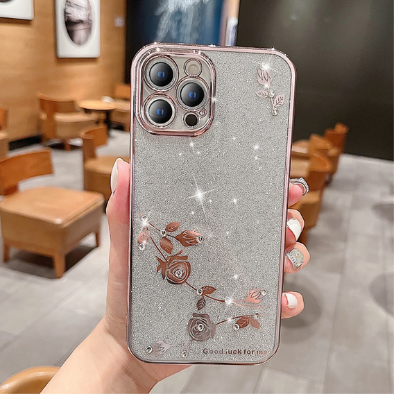 Θήκη για iPhone 14 Pro, Glitter Flower, ροζ rose gold