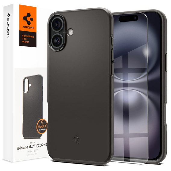 θήκη Spigen για iPhone 16 Plus, Thin Fit Mag, γκρι + γυαλί 9H tempered