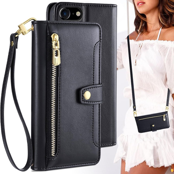 Θήκη με πτερύγιο για iPhone 16E, Wallet Zipper Pocket, μαύρη