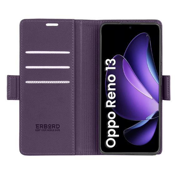 Θήκη για Oppo Reno 13, ERBORD Glossy Litchi, πορτοφόλι με πτερύγιο, μωβ