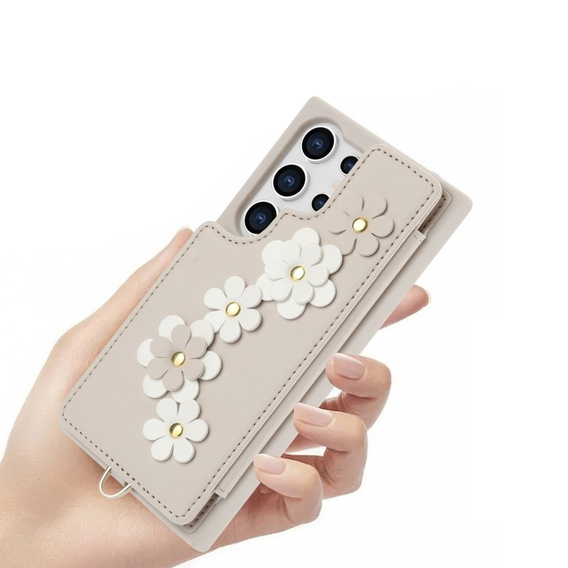 θήκη για Samsung Galaxy S24 Ultra, Leather Flower Card Slot, μπεζ