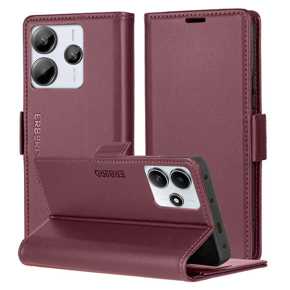 Θήκη για Xiaomi Redmi Note 14 5G, ERBORD Glossy Litchi, πορτοφόλι με πτερύγιο, κόκκινη