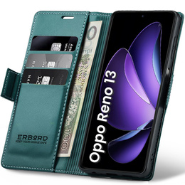 Θήκη για Oppo Reno 13, ERBORD Glossy Litchi, πορτοφόλι με πτερύγιο, πράσινη