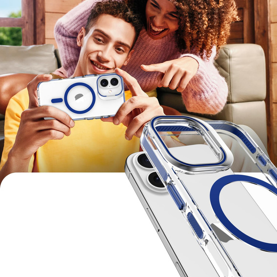 Θήκη για iPhone 17, για MagSafe, με βάση, διάφανη με σκούρα μπλε ένθετα