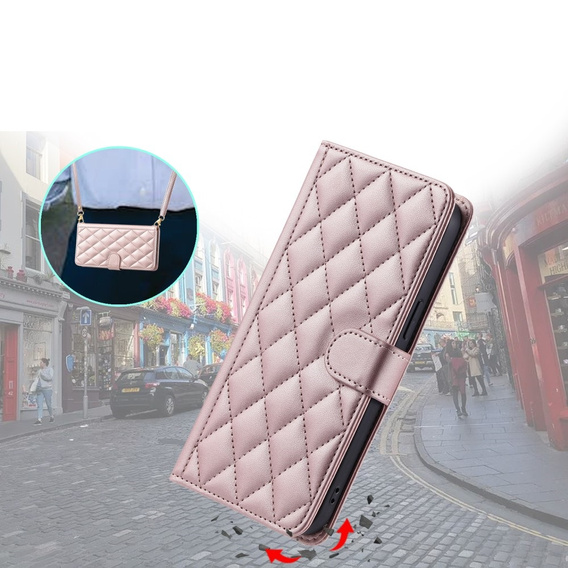 θήκη πτερύγιο για Samsung Galaxy S25, Rhombus Crossbody Leather, ροζ rose gold
