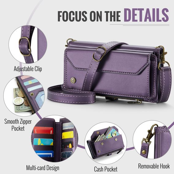 θήκη CASEME για Samsung Galaxy S25 FE, RFID Leather Wallet, με λουράκι ώμου, μωβ