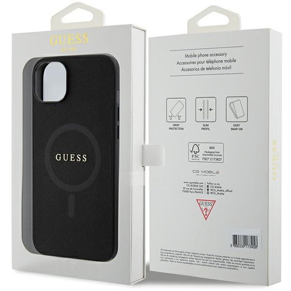 GUESS Θήκη για iPhone 15, Saffiano MagSafe, μαύρη