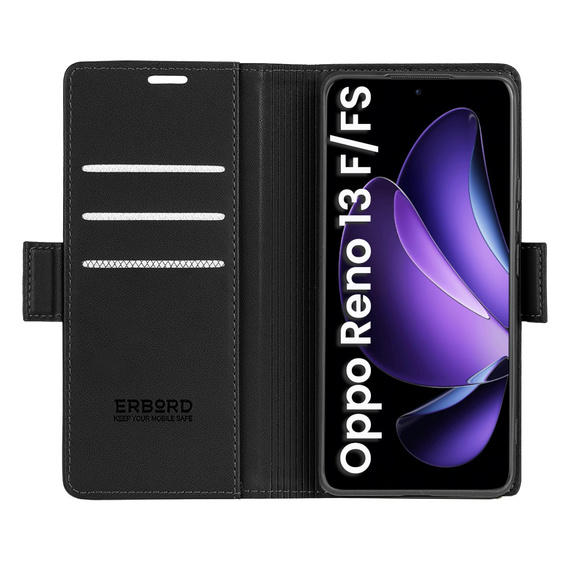 Θήκη για Oppo Reno 13F / Oppo Reno 13FS, ERBORD Glossy Litchi, πορτοφόλι με πτερύγιο, μαύρη