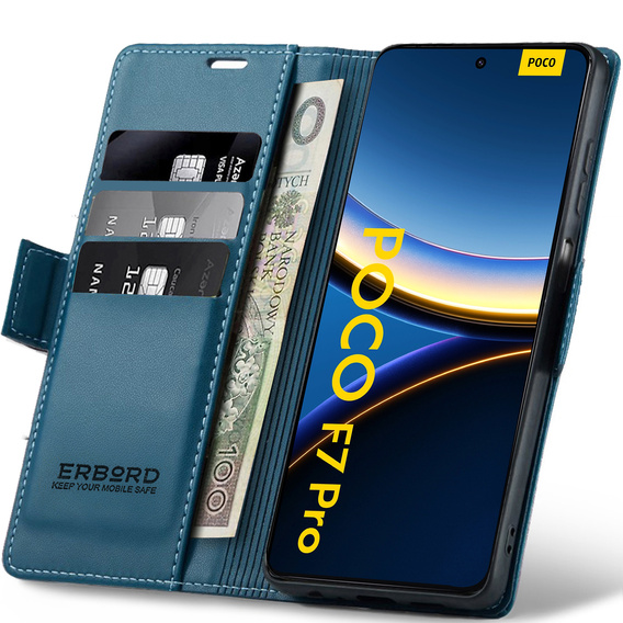 Θήκη για Xiaomi Poco F7 Pro, ERBORD Glossy Litchi, πορτοφόλι με πτερύγιο, μπλε