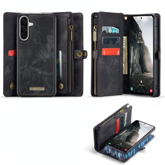 CASEME θήκη για Samsung Galaxy A56 5G, Retro Leather Wallet, με λουράκι, μαύρη