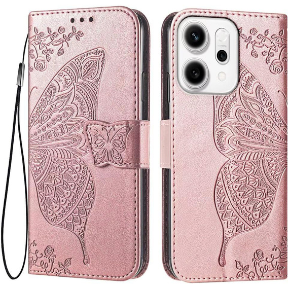 Θήκη πτερύγιο για Oppo Reno 14, Butterfly, πορτοφόλι, ροζ χρυσό