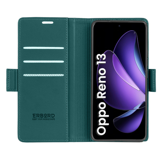 Θήκη για Oppo Reno 13, ERBORD Glossy Litchi, πορτοφόλι με πτερύγιο, πράσινη
