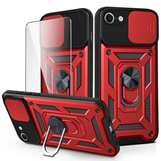 Θωρακισμένη θήκη για iPhone 16E, CamShield Slide, κόκκινη + Μετριασμένο γυαλί 9H