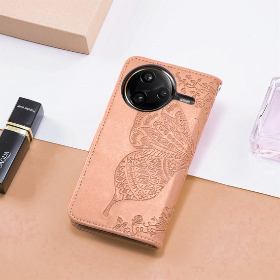 Θήκη με πτερύγιο για Xiaomi Poco F7 Pro, Butterfly, ροζ rose gold