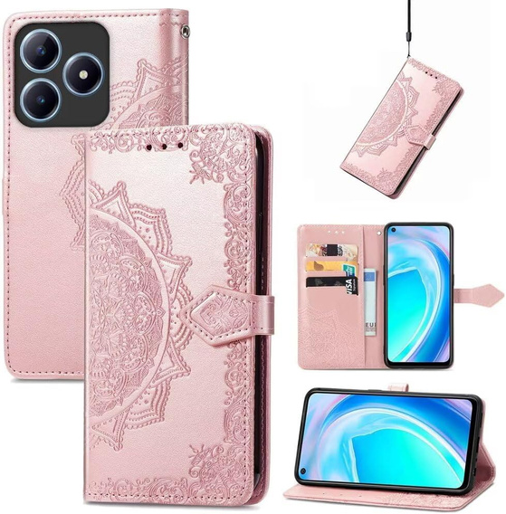 Θήκη με πτερύγιο για Realme C61, Mandala, ροζ rose gold