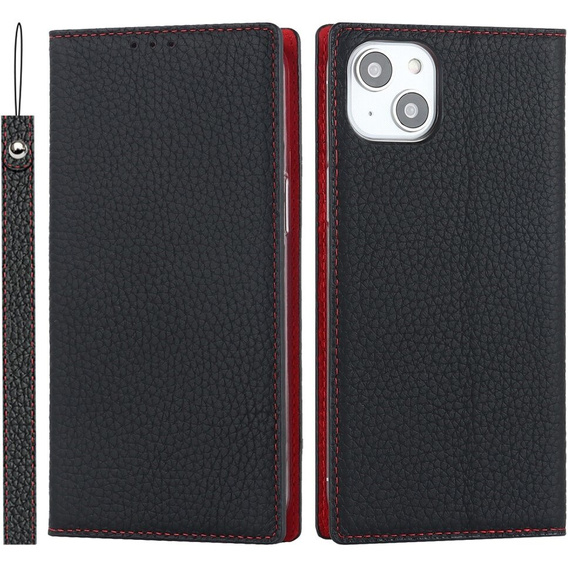 Θήκη με πτερύγιο για iPhone 15, Litchi Skin Grain, μαύρη