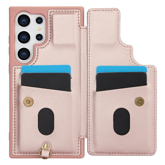 θήκη για Samsung Galaxy S24 Ultra, Leather Flower Card Slot, ροζ