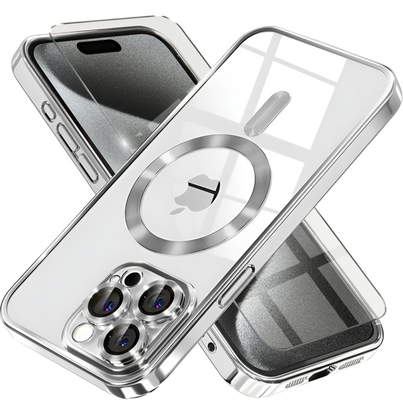 Θήκη για iPhone 15 Pro Max, Electro MagSafe, ασημένια + Γυαλί για την οθόνη