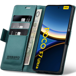 Θήκη για Xiaomi Poco F7 Ultra, ERBORD Glossy Litchi, πορτοφόλι με πτερύγιο, πράσινη