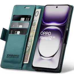 Θήκη για Oppo Reno 12, ERBORD Glossy Litchi, πορτοφόλι με πτερύγιο, πράσινη