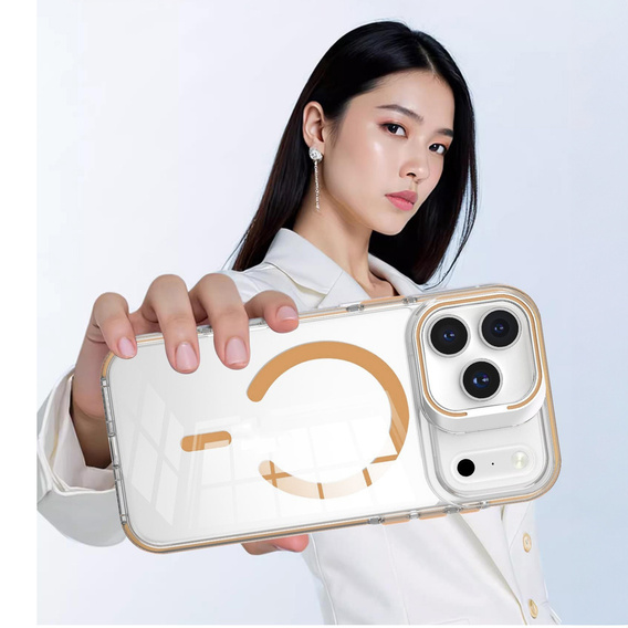 Θήκη για iPhone 17 Pro, για MagSafe, με βάση, διάφανη με χρυσά ένθετα
