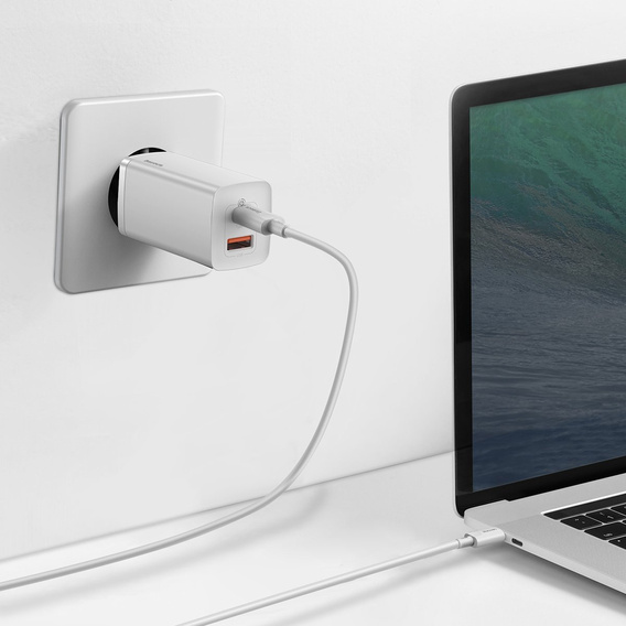 Baseus GaN2 Lite 65 W USB-C + USB-A φορτιστής δικτύου, λευκό (ΕΕ)