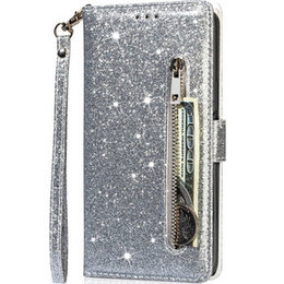 Θήκη με πτερύγιο για Samsung Galaxy A55, Wallet Zipper Pocket Glittery, ασημένια
