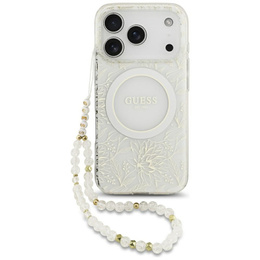 Θήκη Guess IML Flowers Electroplated Allover With Beads Strap, για MagSafe, με λουράκι για iPhone 17 Pro