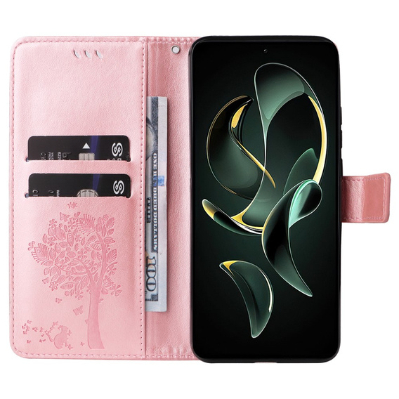 Θήκη με πτερύγιο για Xiaomi 13T / 13T Pro, δέντρο, ροζ rose gold