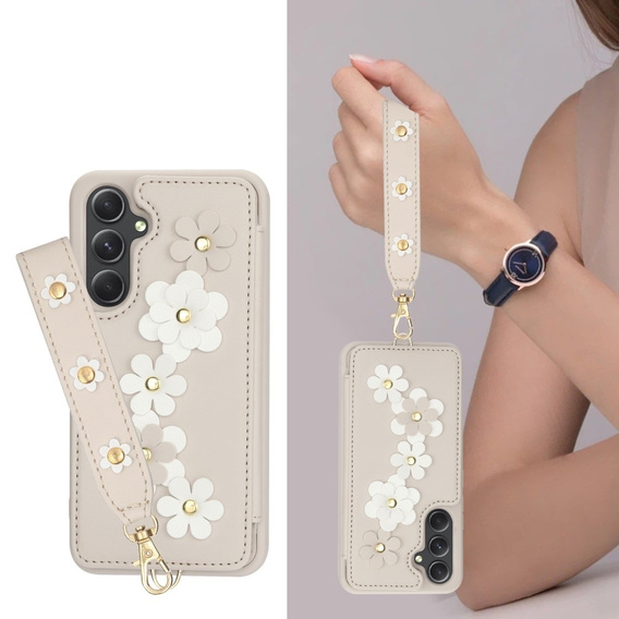 θήκη για Samsung Galaxy A55 5G, Leather Flower Card Slot, μπεζ