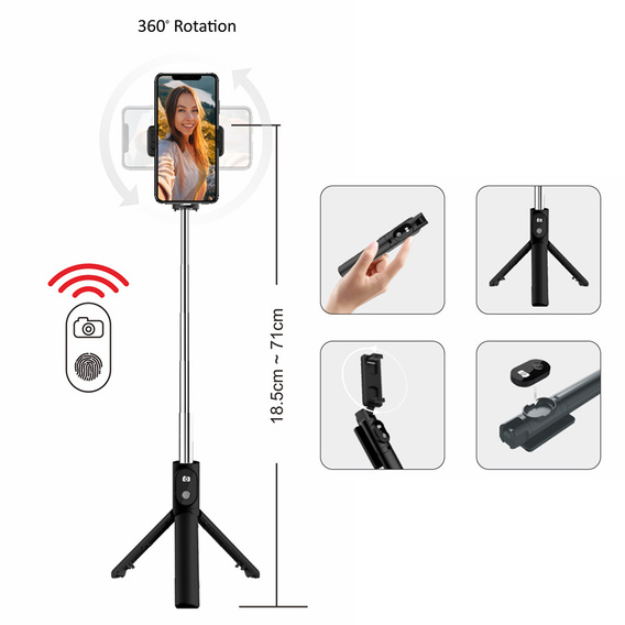 Selfie stick με λειτουργία τρίποδα και τηλεχειριστήριο Bluetooth, για smartphones με πλάτος μεταξύ 6,5 cm και 9,5 cm