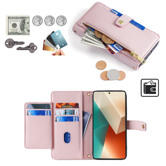 Θήκη με πτερύγιο για Xiaomi Redmi Note 13 5G, Wallet Zipper Pocket, ροζ